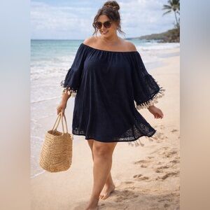 Indigo Soul Navy Crochet Lace Tassel Trim Dress Boho Beach CoverUp Off Shoulder